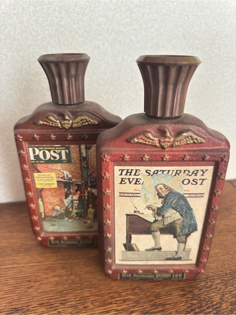 Pair of Decorative Tin Bottles with Saturday Evening Post Artwork - Red